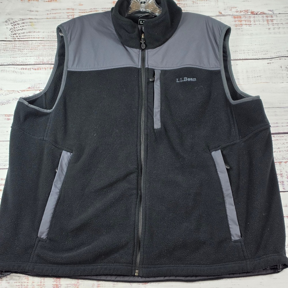 LL Bean Fleece Vest Men XL Black Gray Excellent Polartec Wind Pro Full Zip Layer